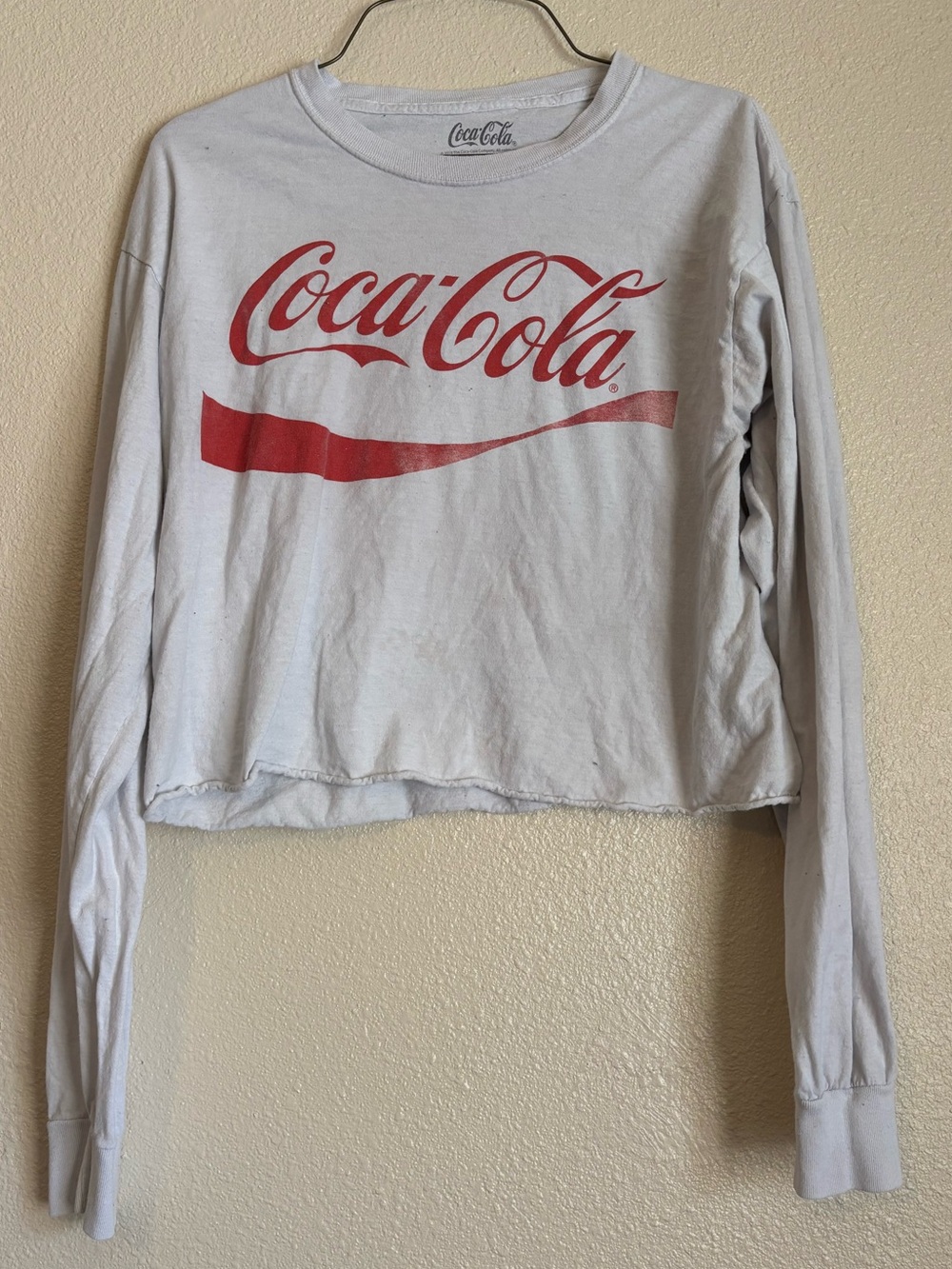 Coca Cola Long Sleeve Crop Tee in White with Red Logo